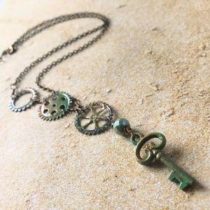 Handmade Vintage Style Steampunk Handpainted Green Patina Necklace Key Pendant